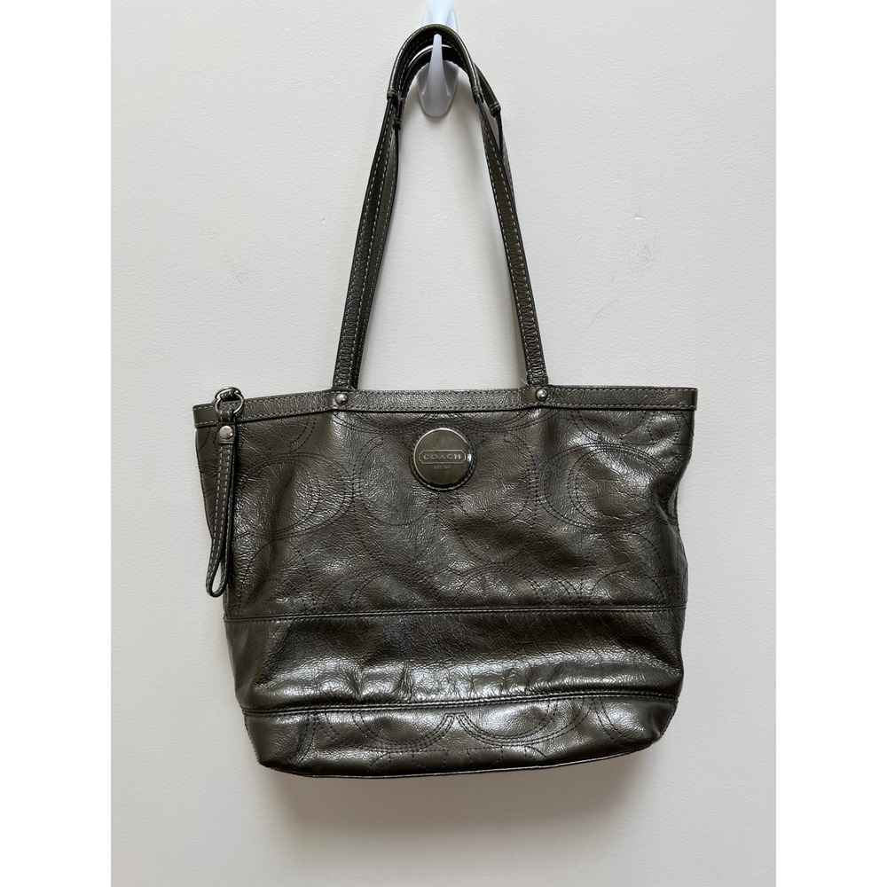 Coach Tote Bag Womens Medium Gunmetal Leather Op Art F16142 Shoulder Bag